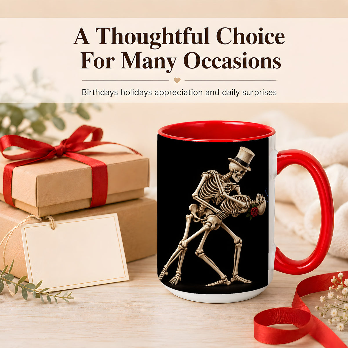 #pl[15oz|Red] Dancing Skeleton Coffee Mug, Gothic Romance Mug, Ceramic Cup