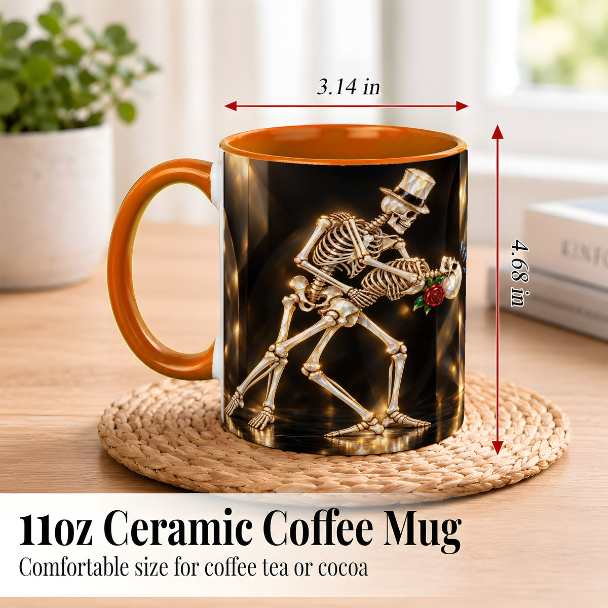 #pl[11oz|Orange] Skeleton Dance Coffee Mug, Golden Gothic Romance Mug, Ceramic Cup