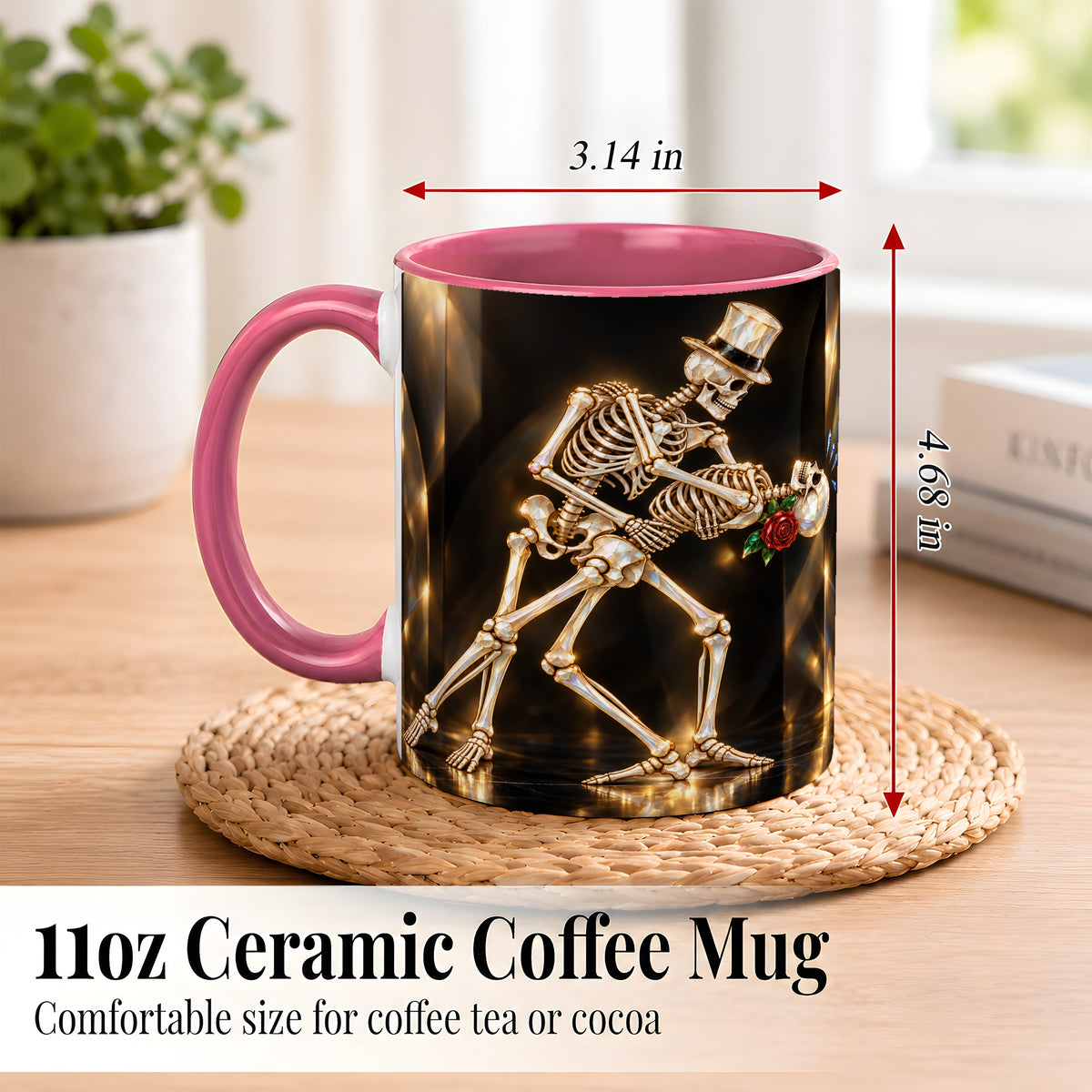 #pl[11oz|Pink] Skeleton Dance Coffee Mug, Golden Gothic Romance Mug, Ceramic Cup