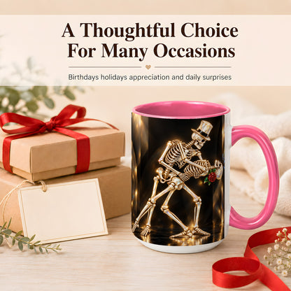 #pl[15oz|Pink] Skeleton Dance Coffee Mug, Golden Gothic Romance Mug, Ceramic Cup