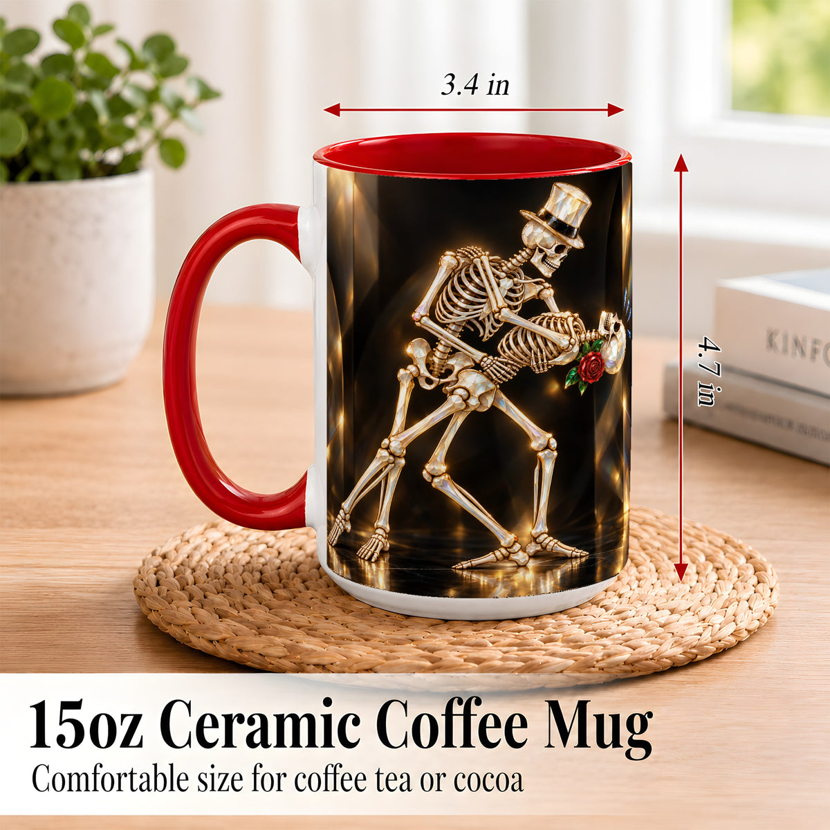 #pl[15oz|Red] Skeleton Dance Coffee Mug, Golden Gothic Romance Mug, Ceramic Cup
