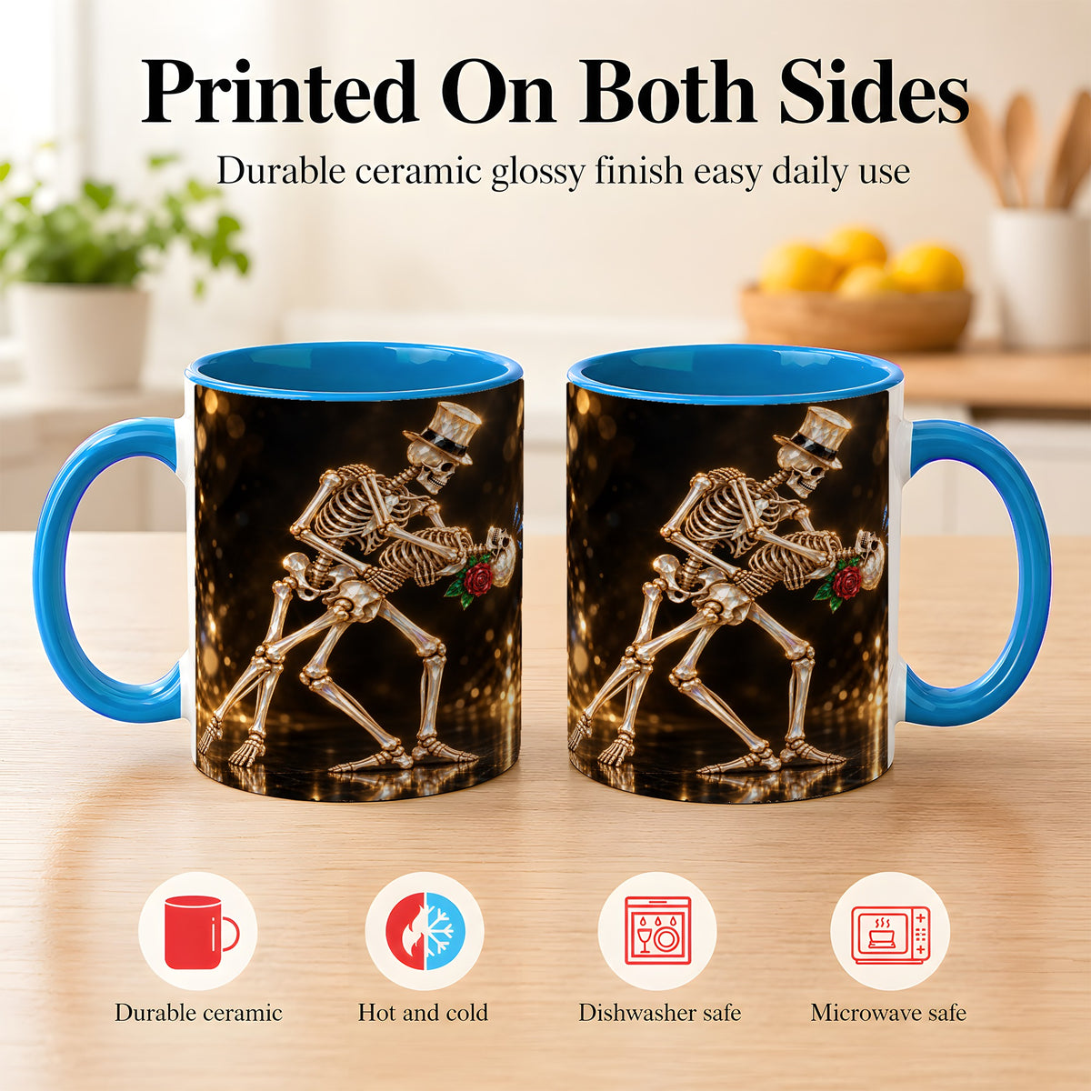 #pl[11oz|Blue] Skeleton Couple Coffee Mug, Sparkling Gothic Mug, Ceramic Cup
