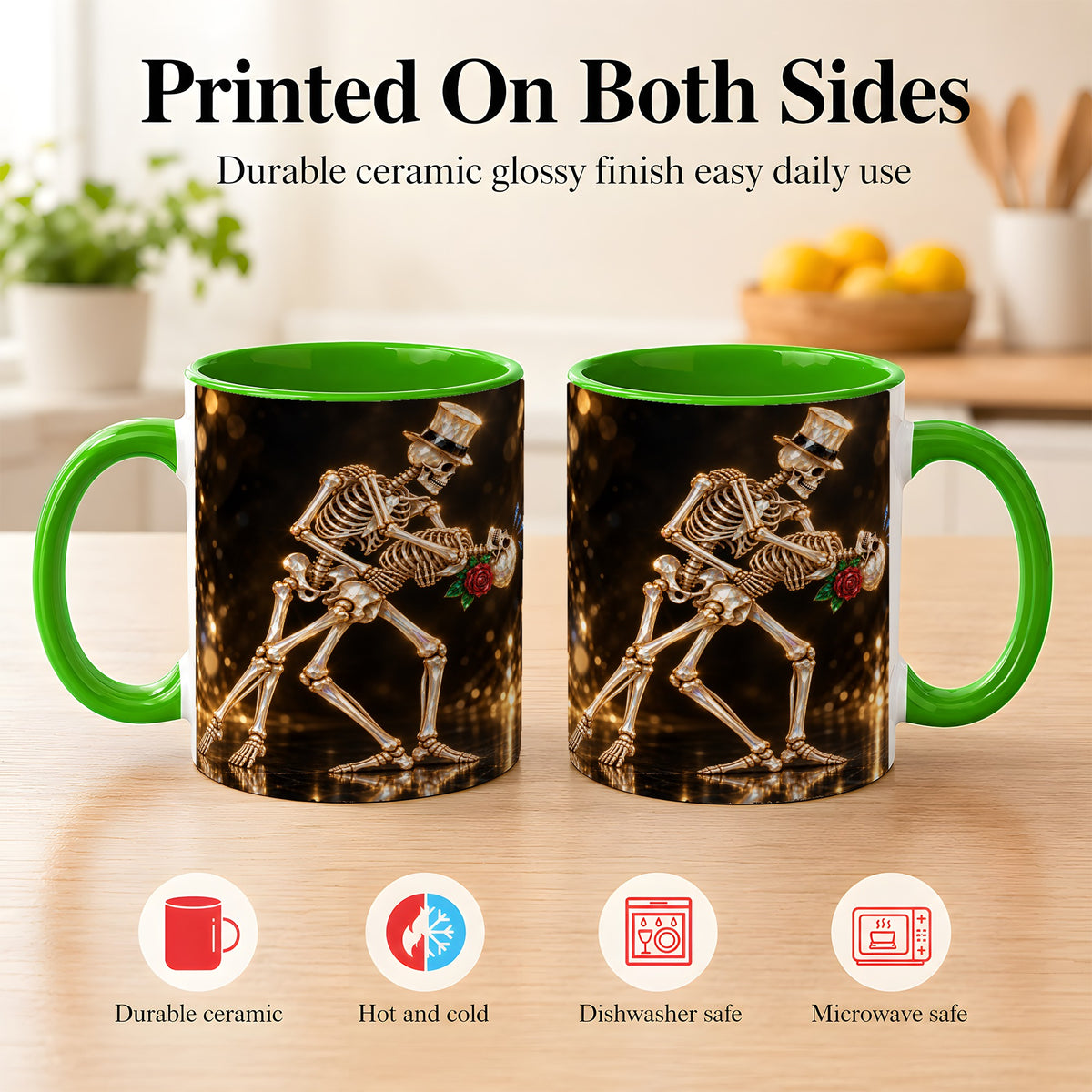 #pl[11oz|Green] Skeleton Couple Coffee Mug, Sparkling Gothic Mug, Ceramic Cup