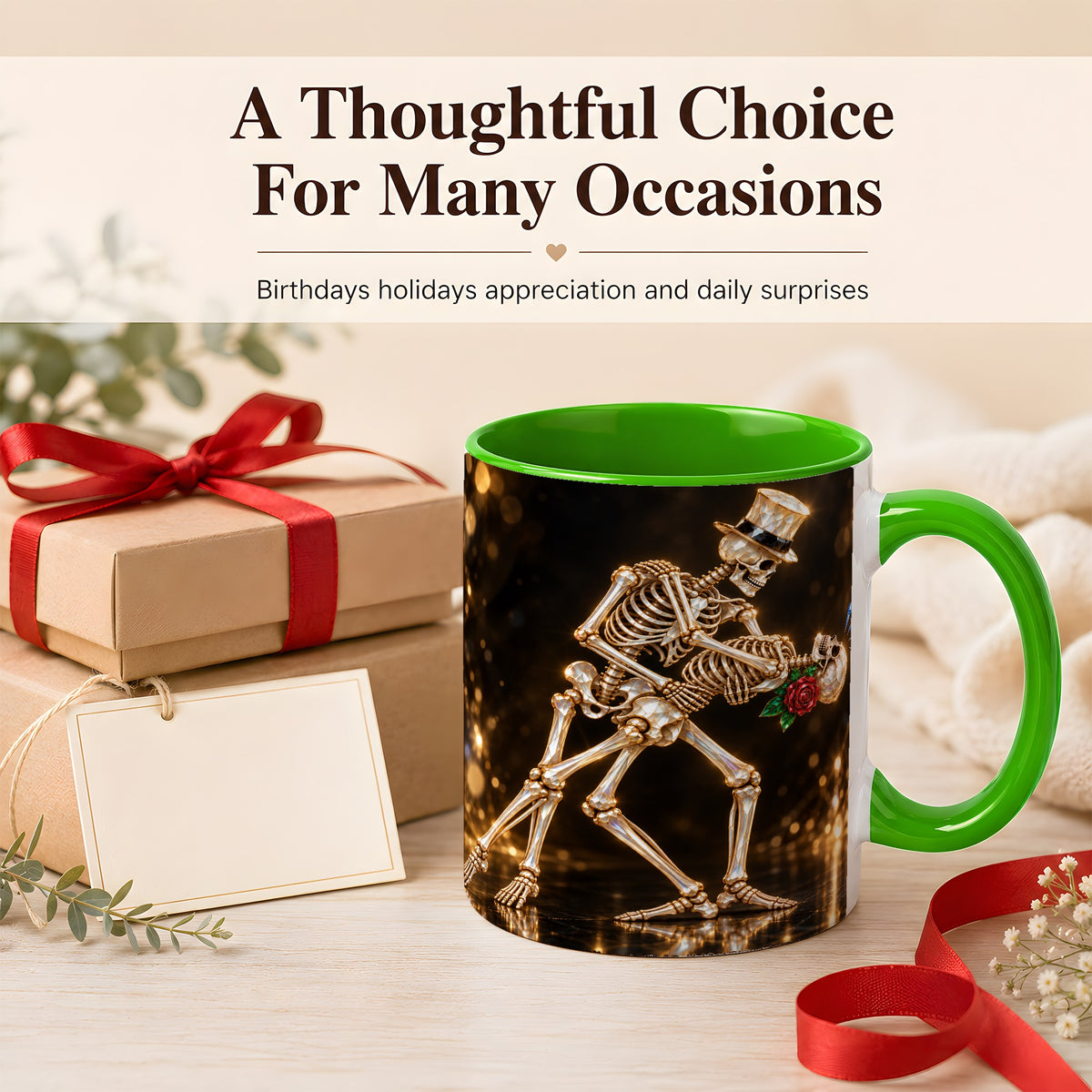 #pl[11oz|Green] Skeleton Couple Coffee Mug, Sparkling Gothic Mug, Ceramic Cup