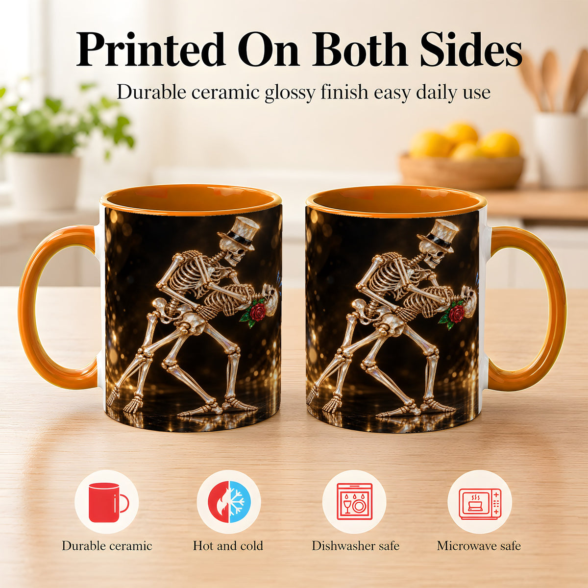 #pl[11oz|Orange] Skeleton Couple Coffee Mug, Sparkling Gothic Mug, Ceramic Cup