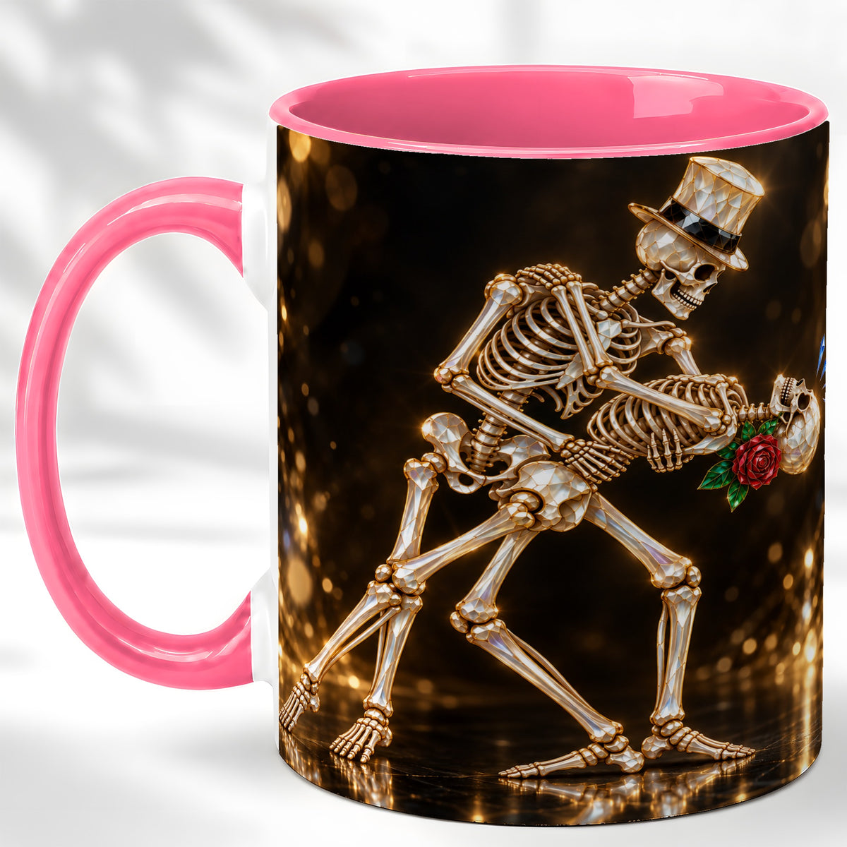 #pl[11oz|Pink] Skeleton Couple Coffee Mug, Sparkling Gothic Mug, Ceramic Cup