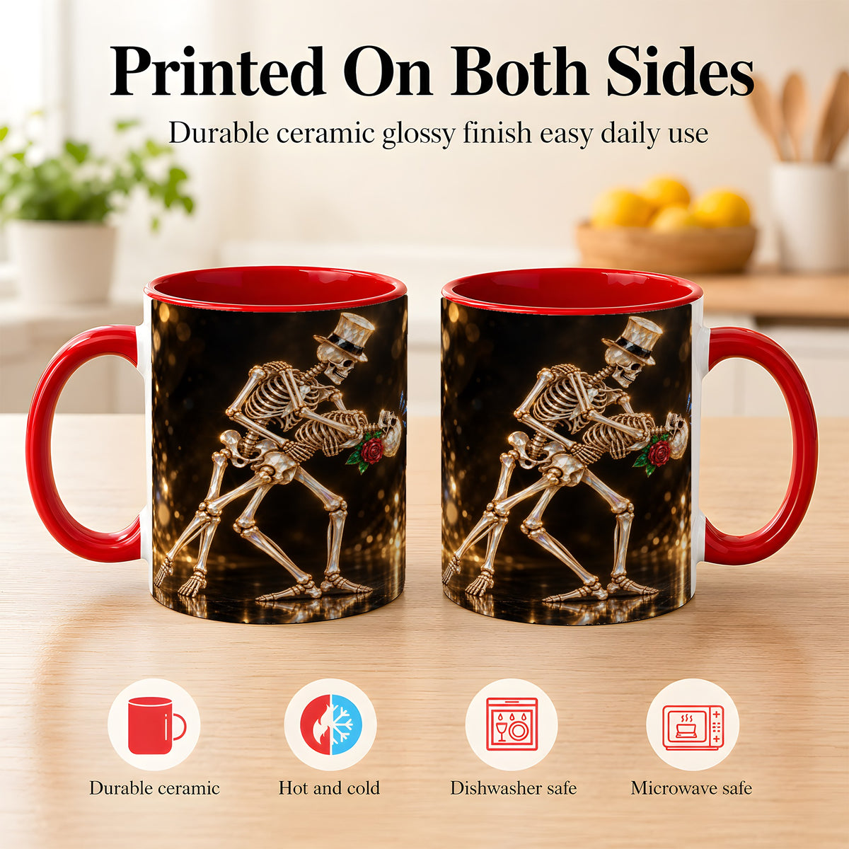 #pl[11oz|Red] Skeleton Couple Coffee Mug, Sparkling Gothic Mug, Ceramic Cup