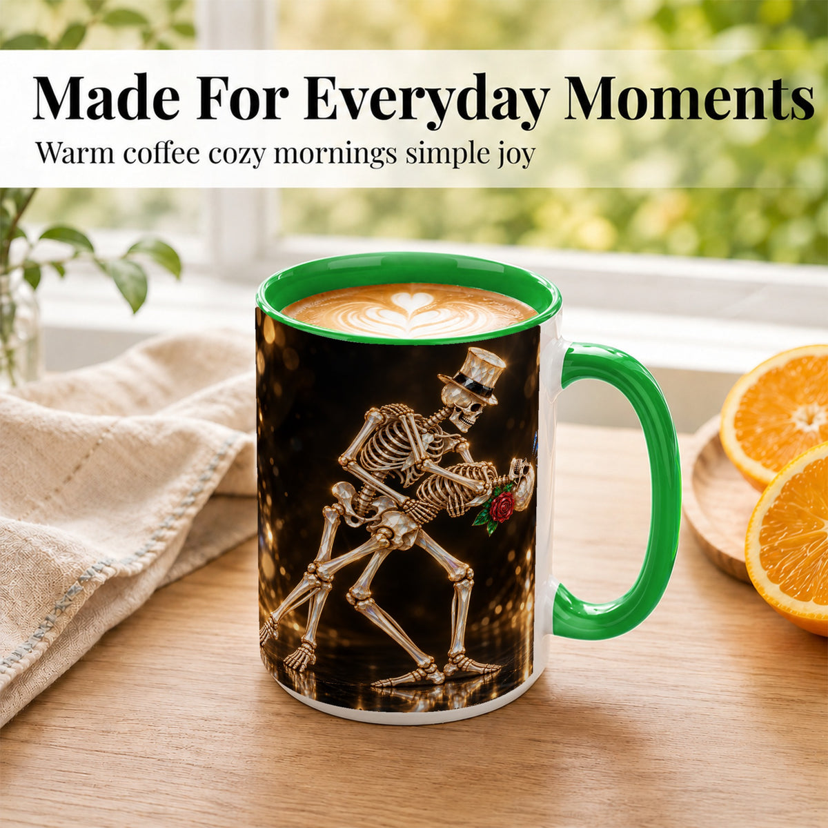 #pl[15oz|Green] Skeleton Couple Coffee Mug, Sparkling Gothic Mug, Ceramic Cup