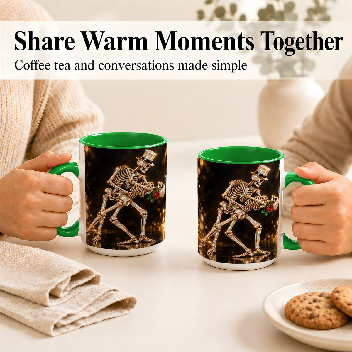 #pl[15oz|Green] Skeleton Couple Coffee Mug, Sparkling Gothic Mug, Ceramic Cup
