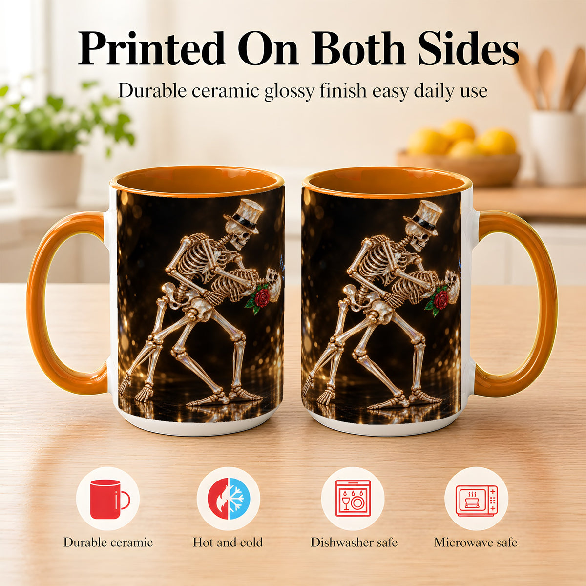 #pl[15oz|Orange] Skeleton Couple Coffee Mug, Sparkling Gothic Mug, Ceramic Cup
