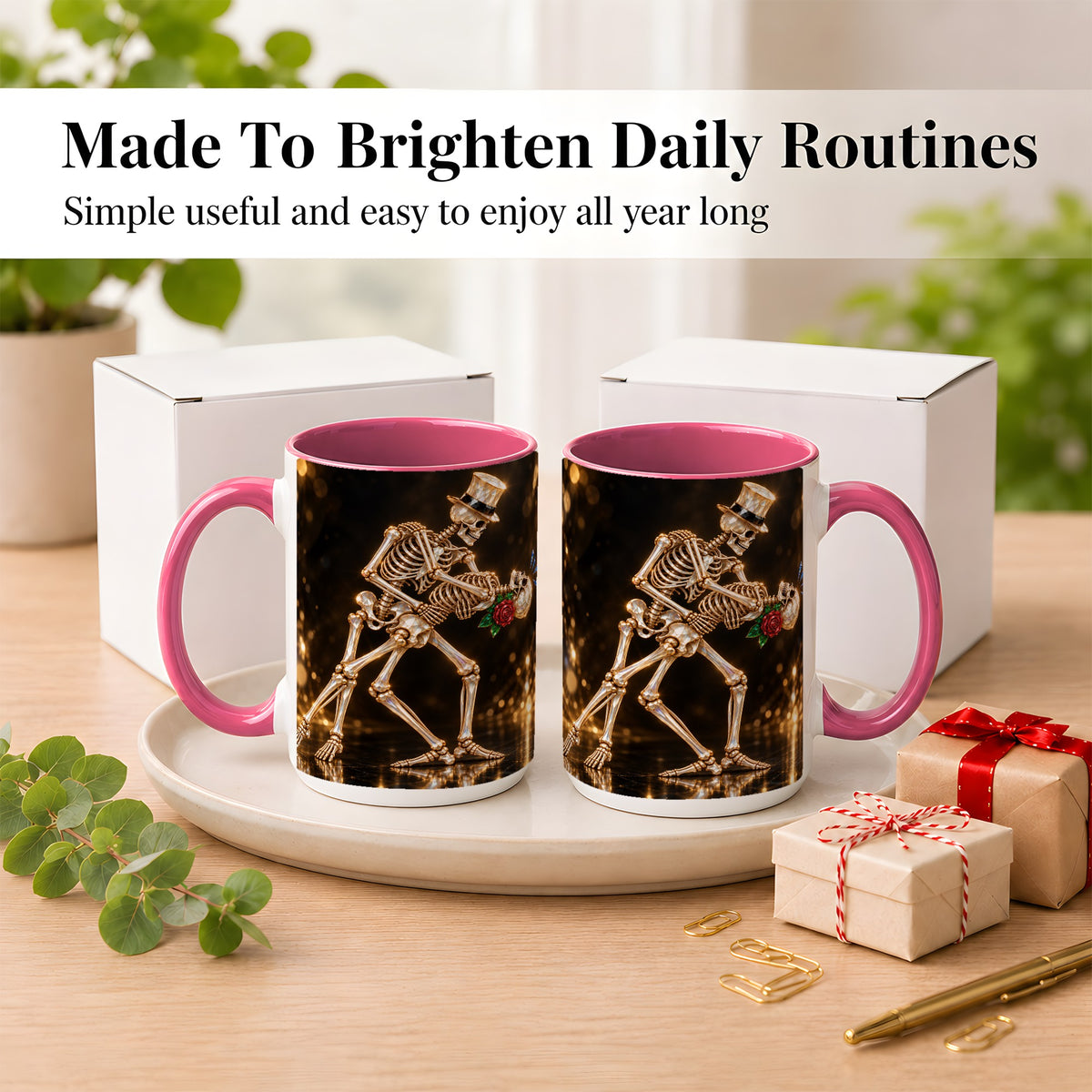 #pl[15oz|Pink] Skeleton Couple Coffee Mug, Sparkling Gothic Mug, Ceramic Cup