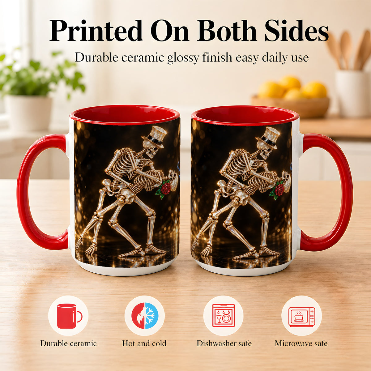 #pl[15oz|Red] Skeleton Couple Coffee Mug, Sparkling Gothic Mug, Ceramic Cup