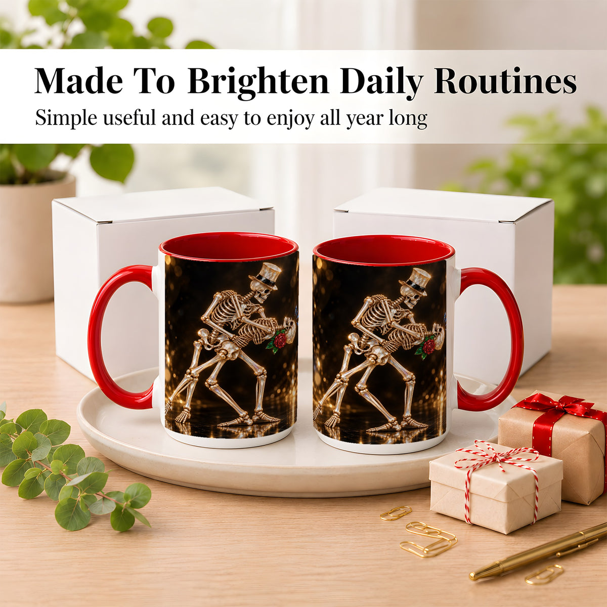 #pl[15oz|Red] Skeleton Couple Coffee Mug, Sparkling Gothic Mug, Ceramic Cup