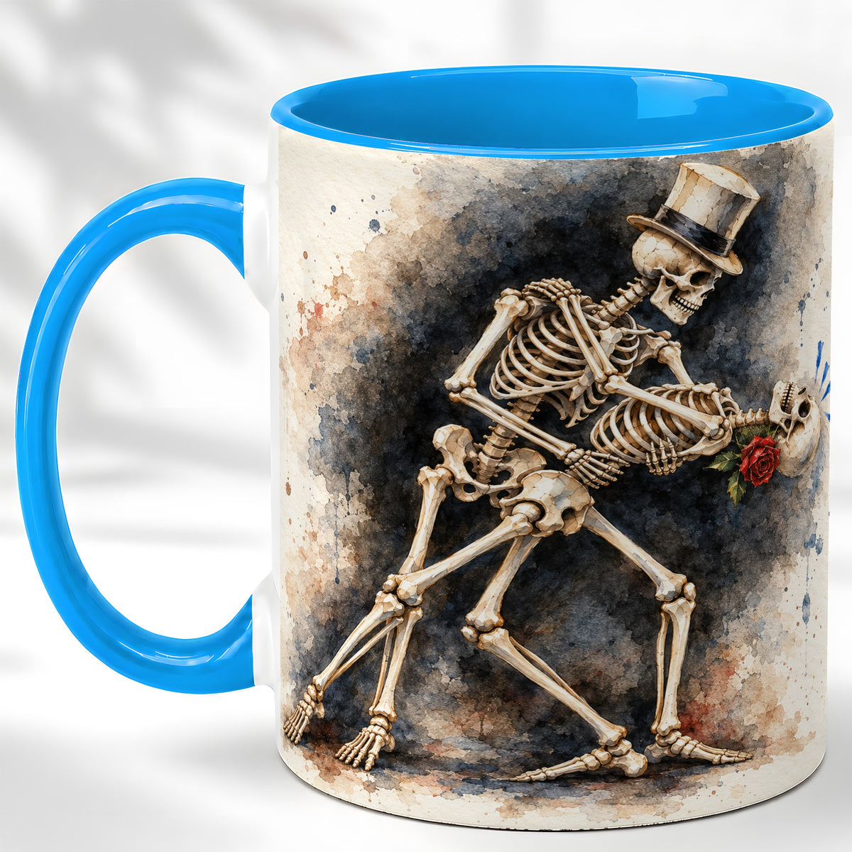 #pl[11oz|Blue] Dancing Skeleton Coffee Mug, Gothic Romance Mug, Ceramic Cup