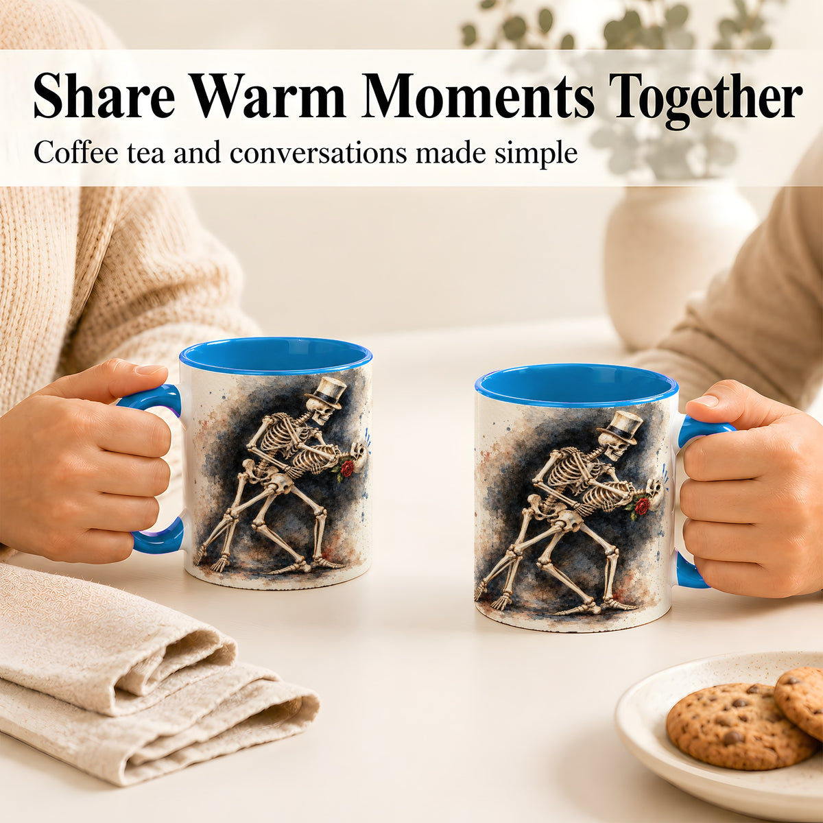 #pl[11oz|Blue] Dancing Skeleton Coffee Mug, Gothic Romance Mug, Ceramic Cup