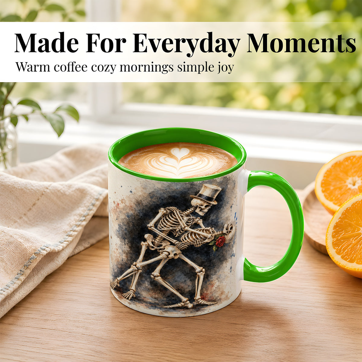 #pl[11oz|Green] Dancing Skeleton Coffee Mug, Gothic Romance Mug, Ceramic Cup