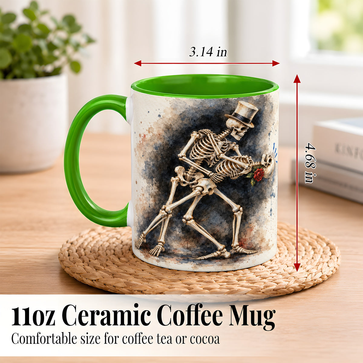 #pl[11oz|Green] Dancing Skeleton Coffee Mug, Gothic Romance Mug, Ceramic Cup