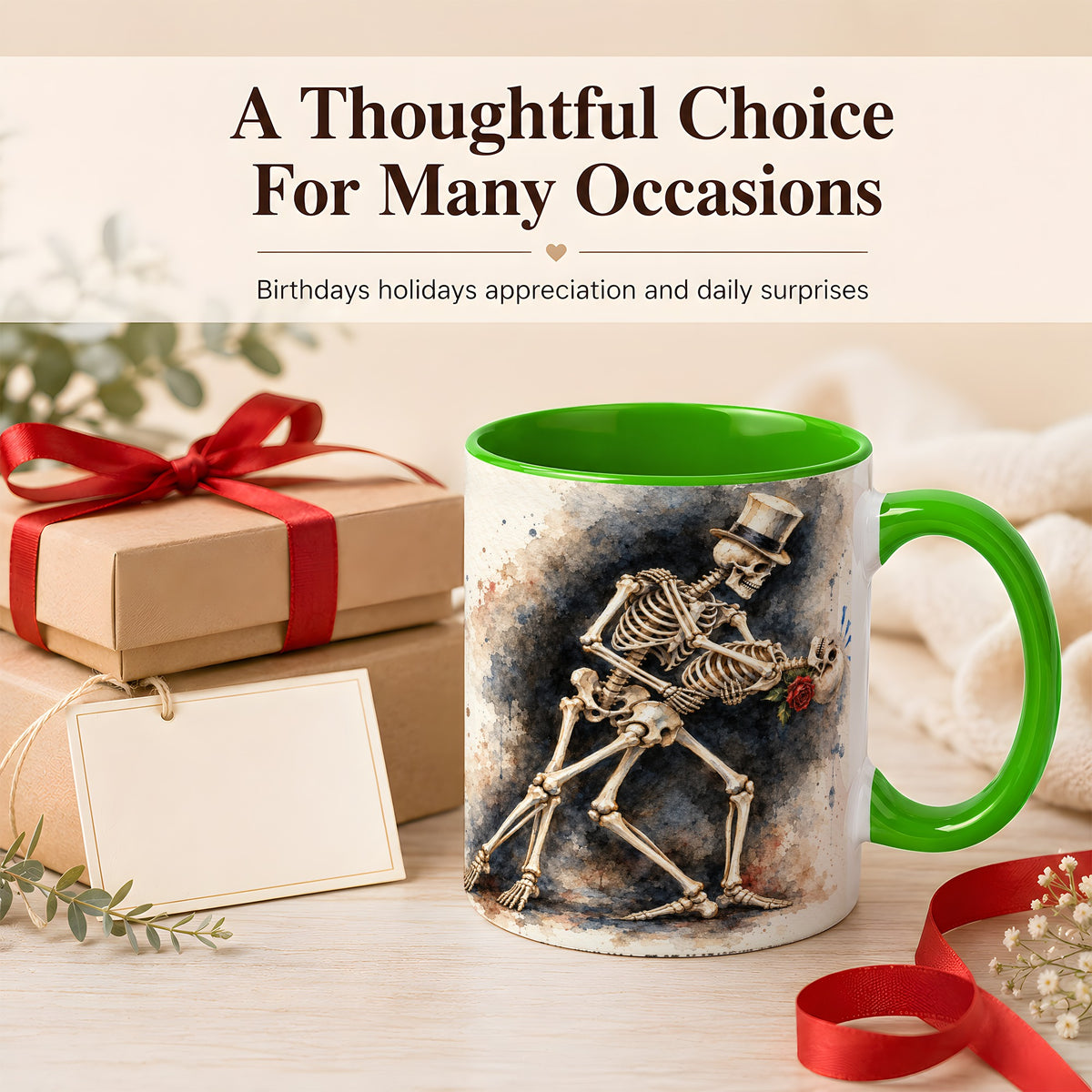 #pl[11oz|Green] Dancing Skeleton Coffee Mug, Gothic Romance Mug, Ceramic Cup