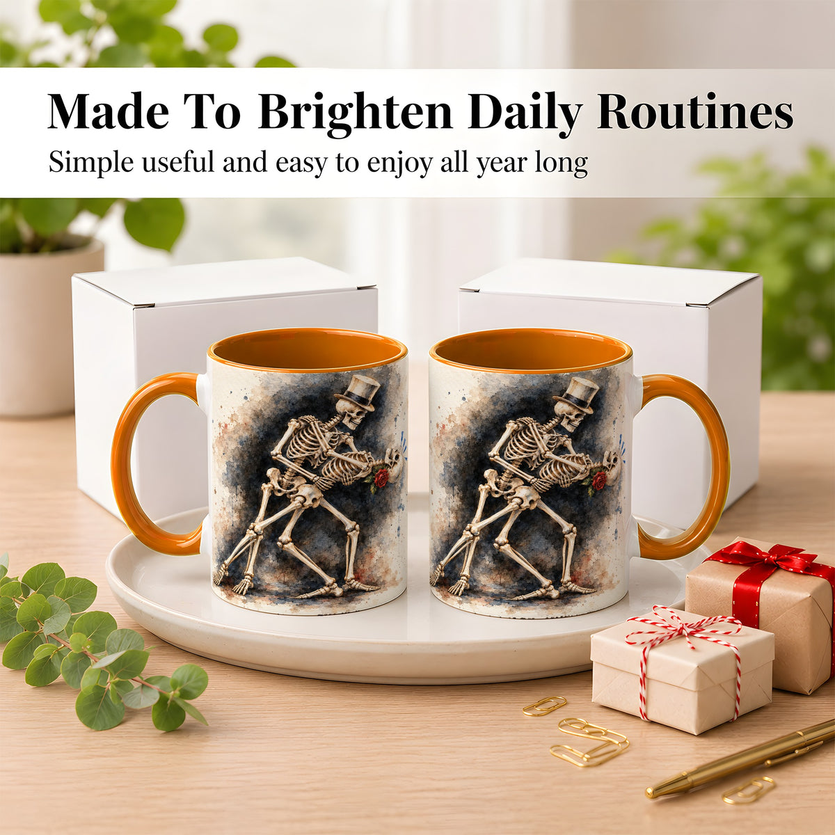 #pl[11oz|Orange] Dancing Skeleton Coffee Mug, Gothic Romance Mug, Ceramic Cup