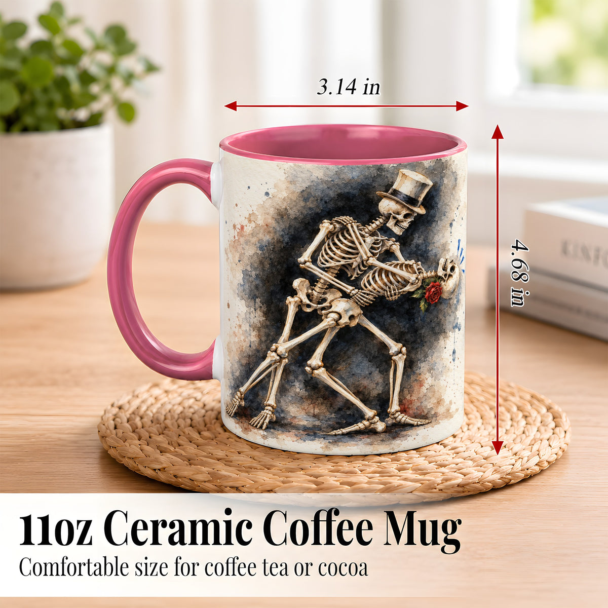 #pl[11oz|Pink] Dancing Skeleton Coffee Mug, Gothic Romance Mug, Ceramic Cup