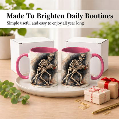 #pl[11oz|Pink] Dancing Skeleton Coffee Mug, Gothic Romance Mug, Ceramic Cup