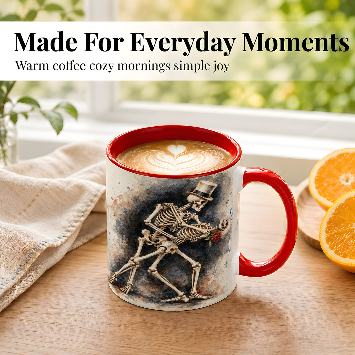 #pl[11oz|Red] Dancing Skeleton Coffee Mug, Gothic Romance Mug, Ceramic Cup