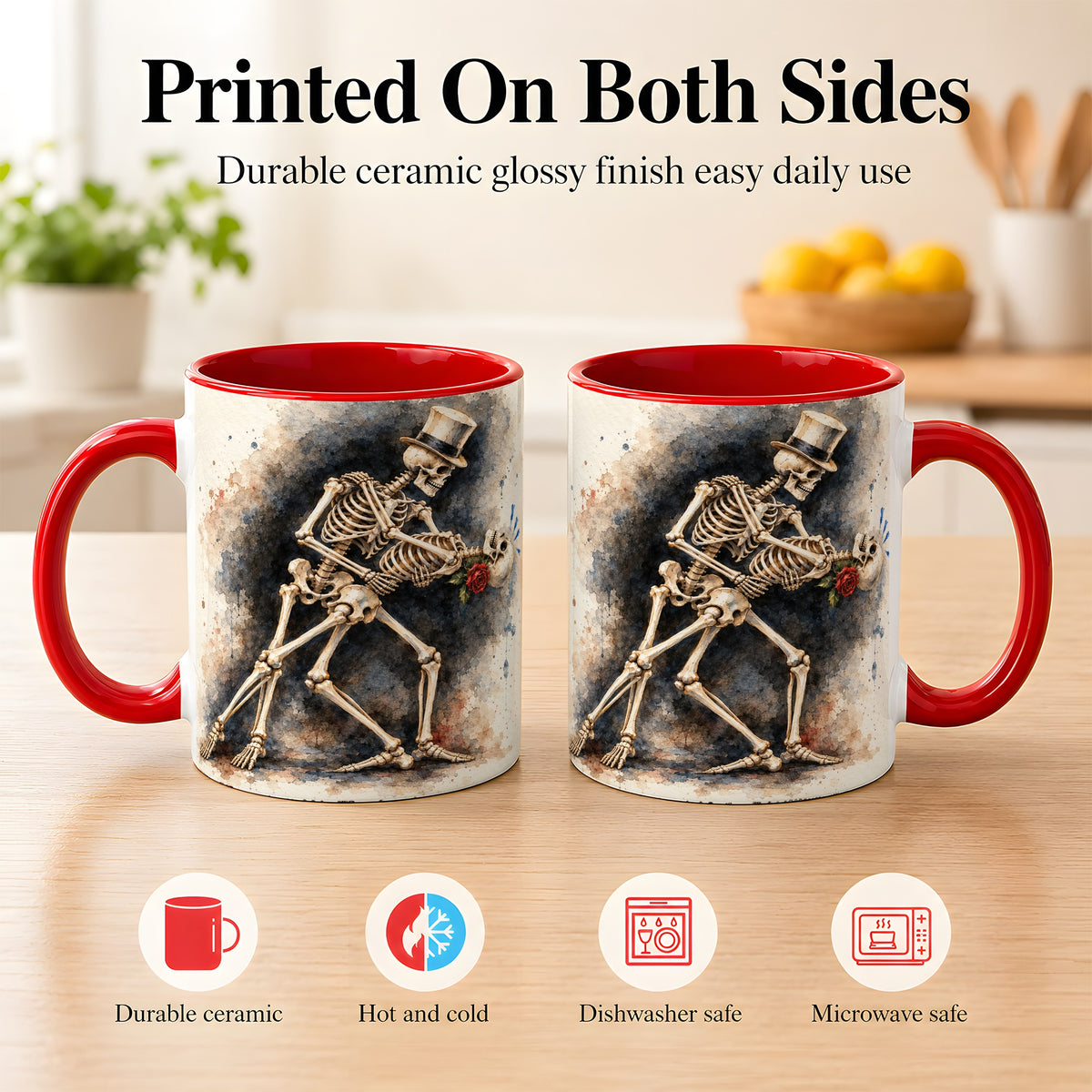 #pl[11oz|Red] Dancing Skeleton Coffee Mug, Gothic Romance Mug, Ceramic Cup
