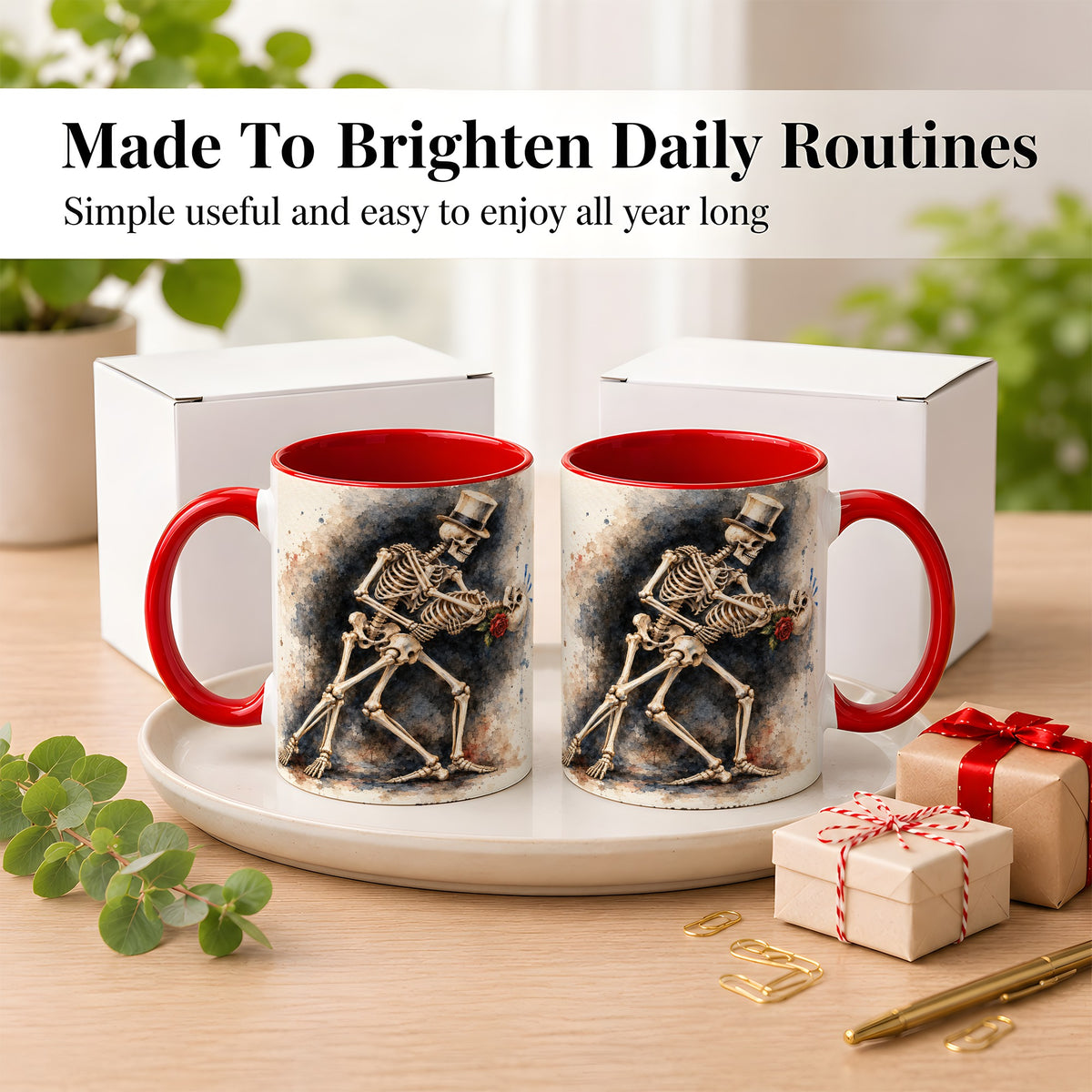 #pl[11oz|Red] Dancing Skeleton Coffee Mug, Gothic Romance Mug, Ceramic Cup