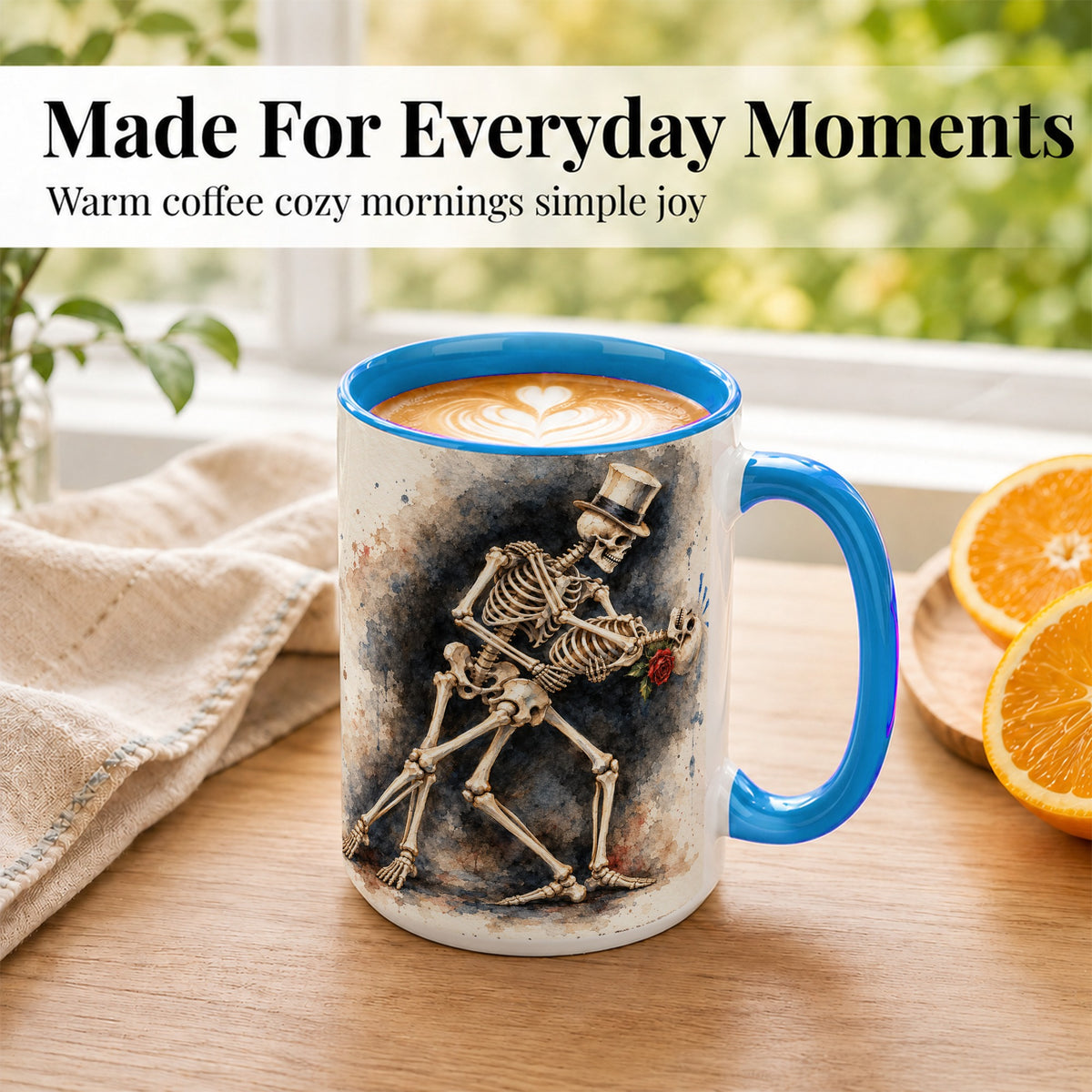 #pl[15oz|Blue] Dancing Skeleton Coffee Mug, Gothic Romance Mug, Ceramic Cup
