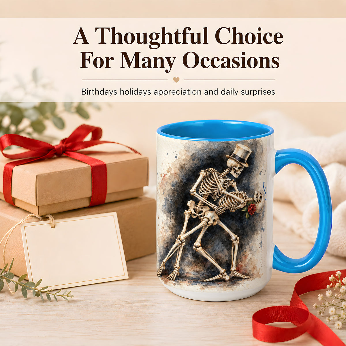 #pl[15oz|Blue] Dancing Skeleton Coffee Mug, Gothic Romance Mug, Ceramic Cup