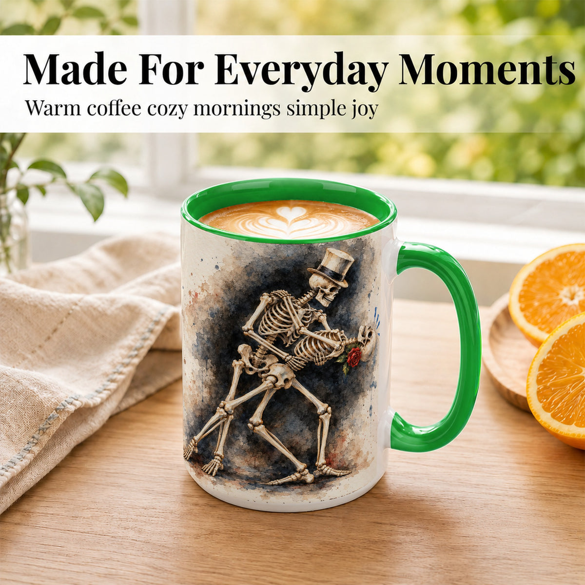 #pl[15oz|Green] Dancing Skeleton Coffee Mug, Gothic Romance Mug, Ceramic Cup