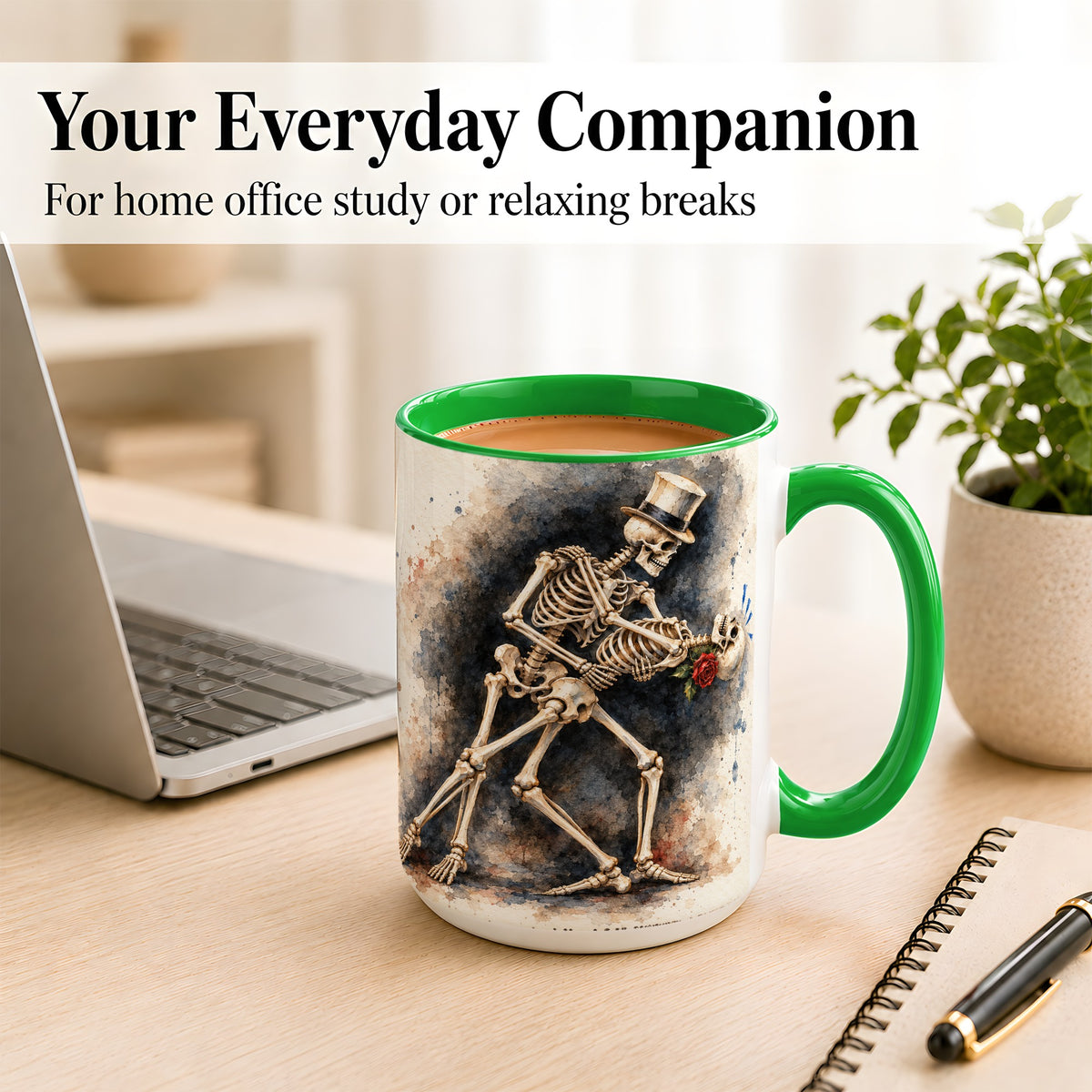 #pl[15oz|Green] Dancing Skeleton Coffee Mug, Gothic Romance Mug, Ceramic Cup