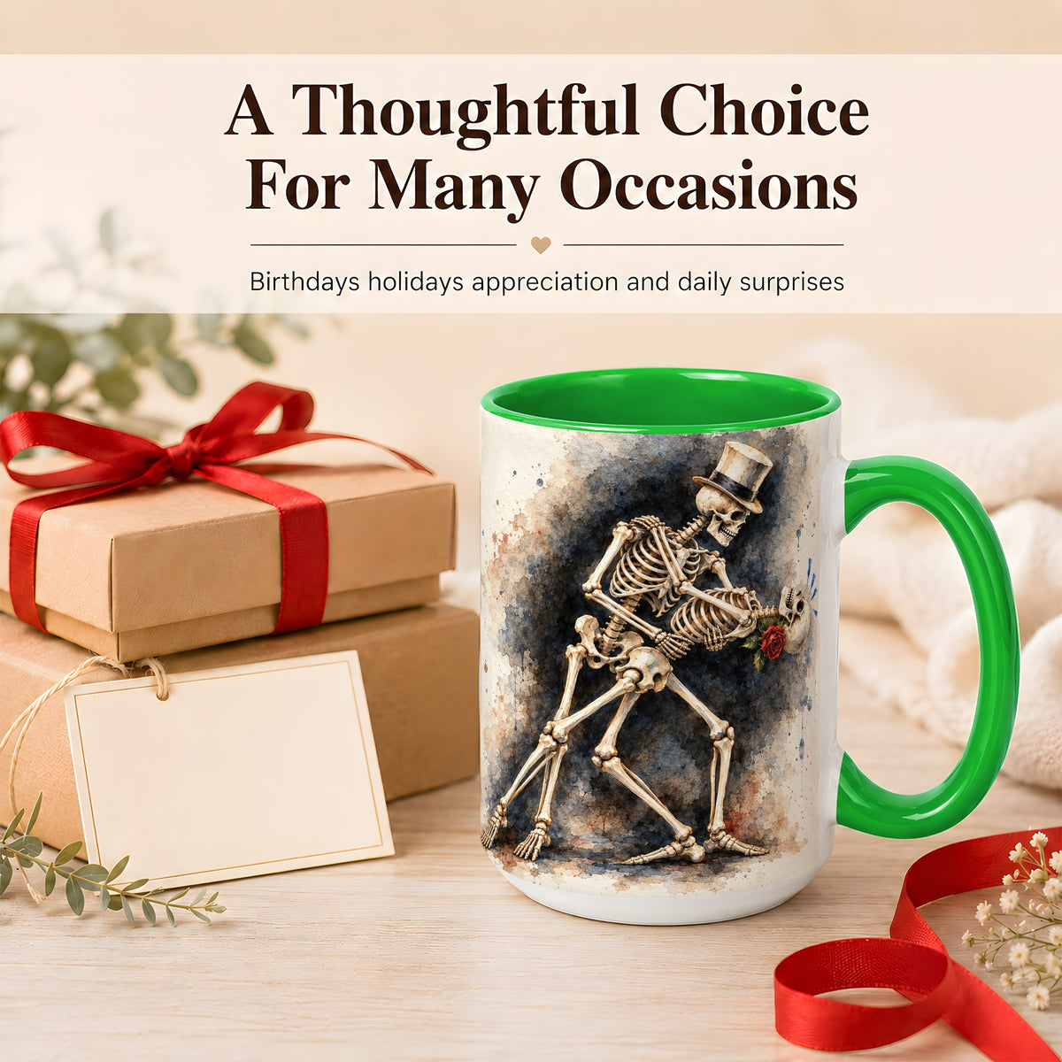 #pl[15oz|Green] Dancing Skeleton Coffee Mug, Gothic Romance Mug, Ceramic Cup