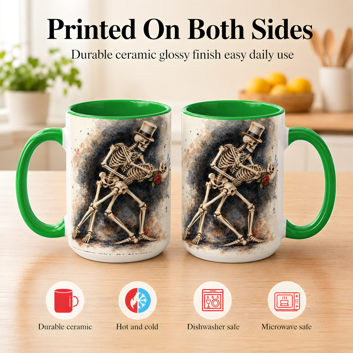 #pl[15oz|Green] Dancing Skeleton Coffee Mug, Gothic Romance Mug, Ceramic Cup