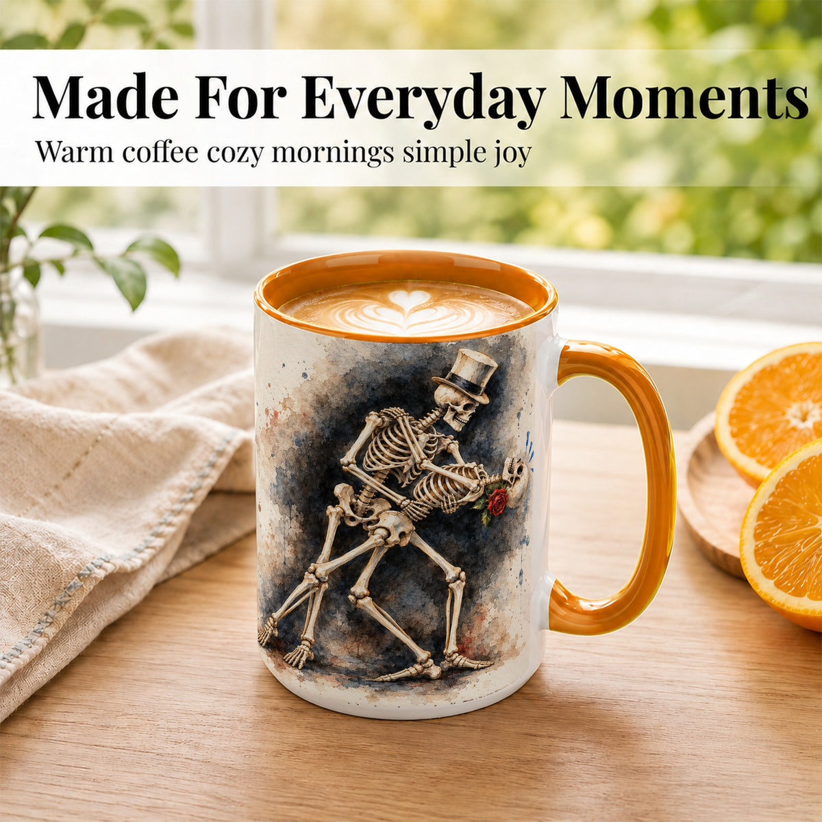 #pl[15oz|Orange] Dancing Skeleton Coffee Mug, Gothic Romance Mug, Ceramic Cup