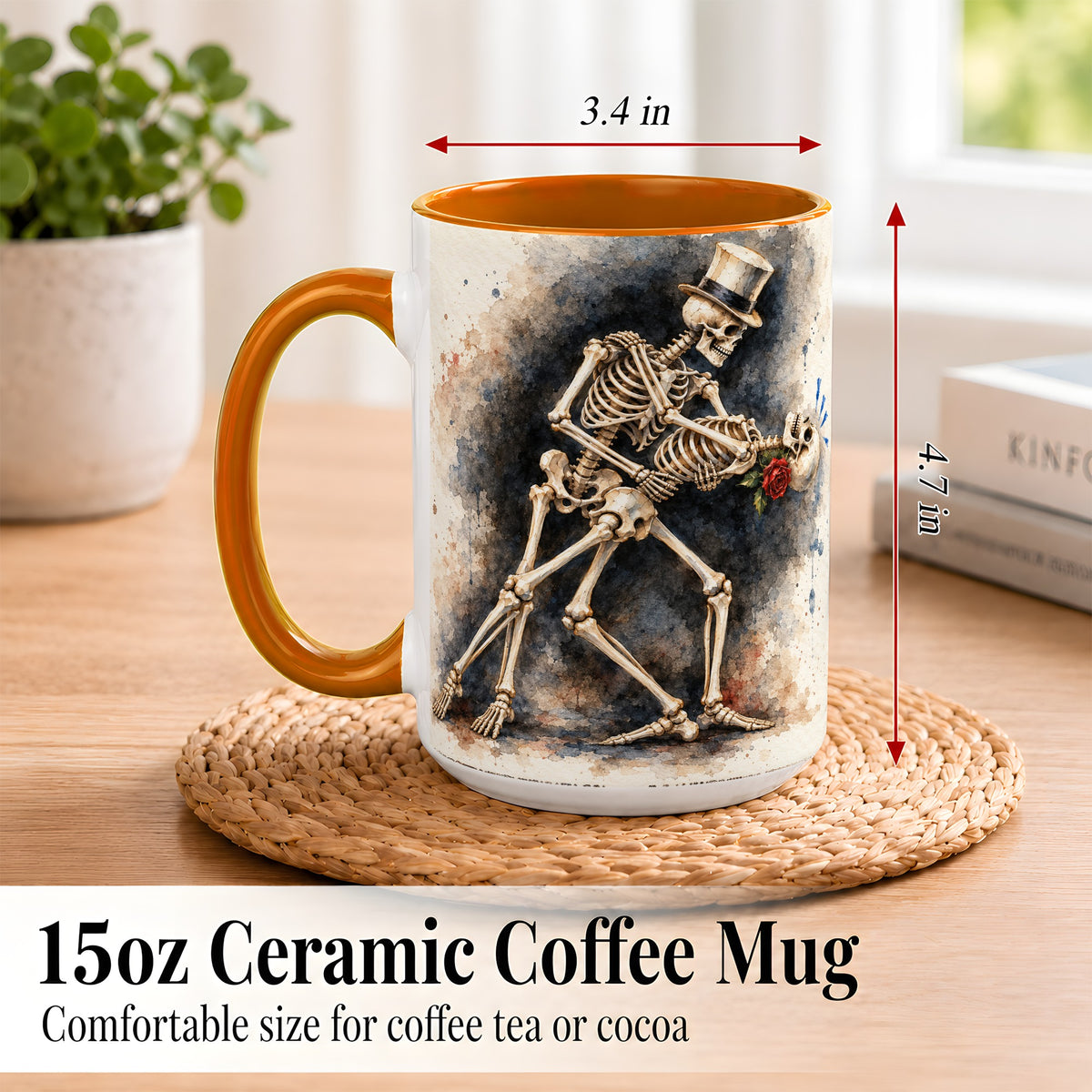 #pl[15oz|Orange] Dancing Skeleton Coffee Mug, Gothic Romance Mug, Ceramic Cup