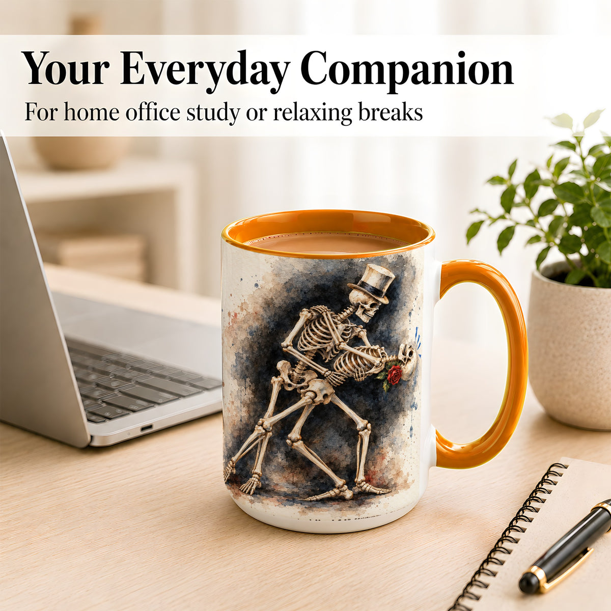 #pl[15oz|Orange] Dancing Skeleton Coffee Mug, Gothic Romance Mug, Ceramic Cup