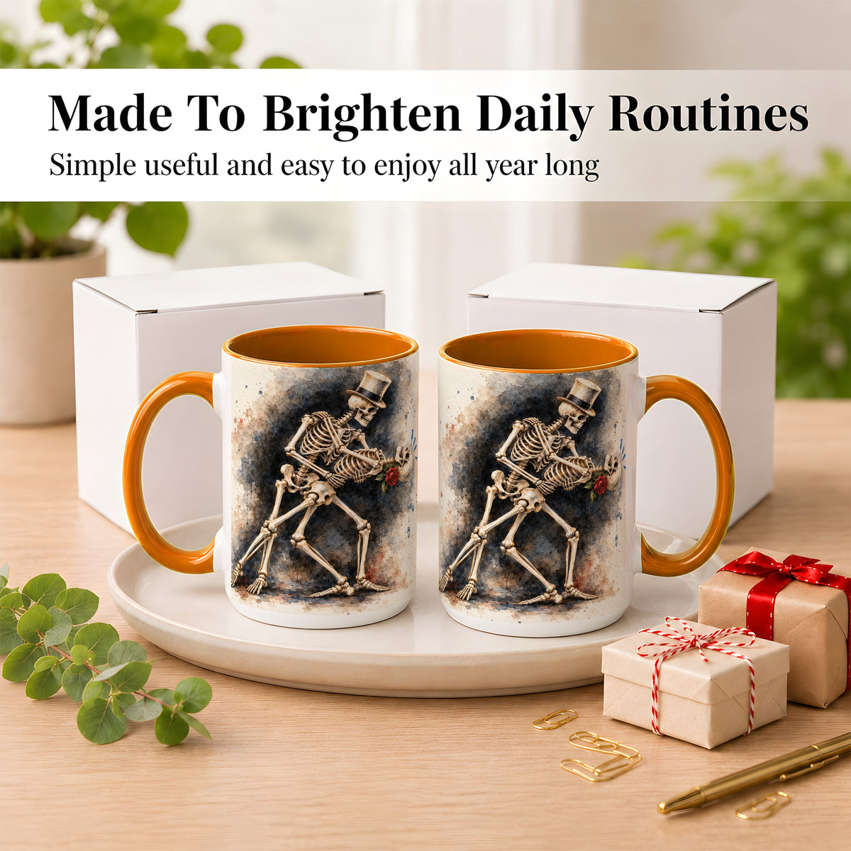 #pl[15oz|Orange] Dancing Skeleton Coffee Mug, Gothic Romance Mug, Ceramic Cup