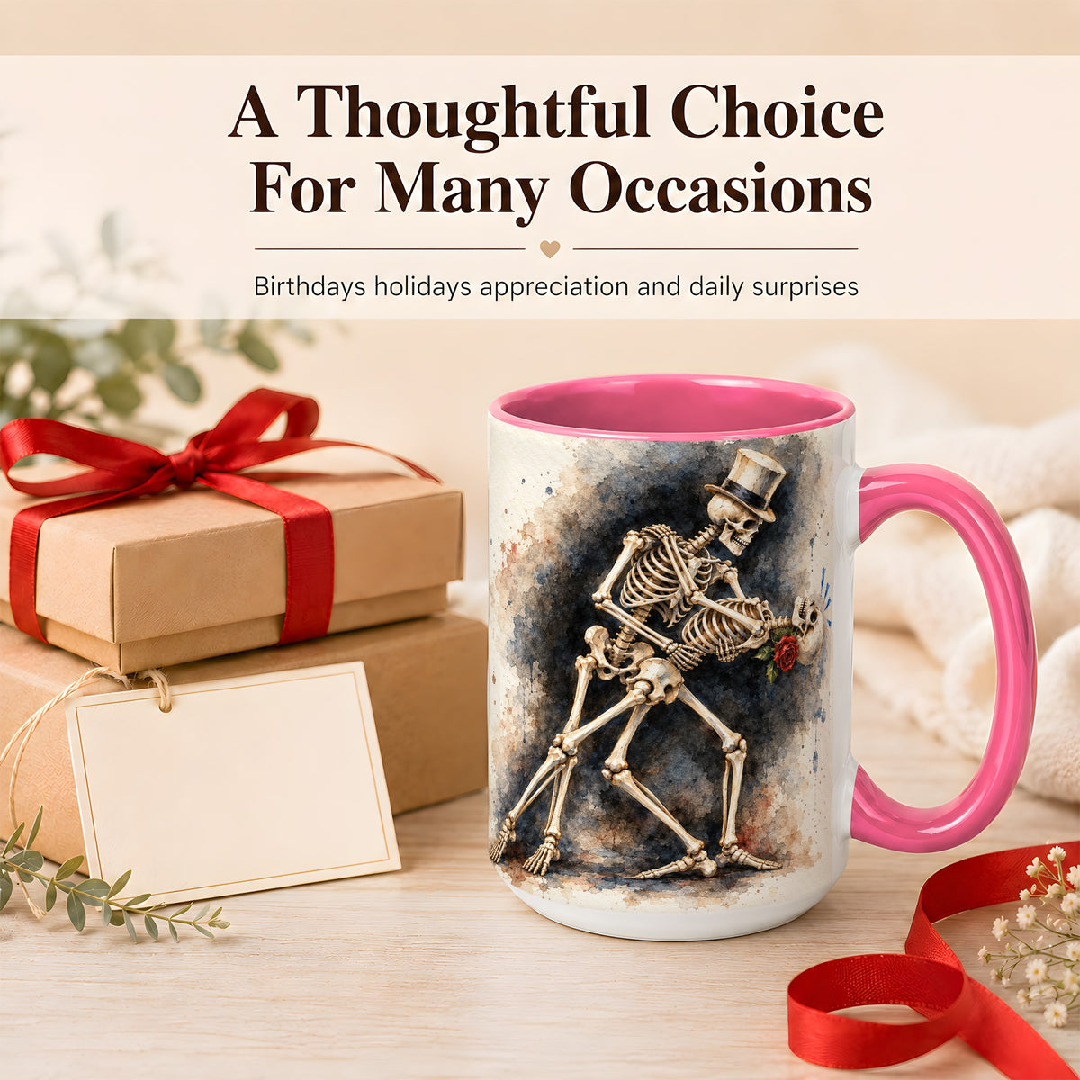 #pl[15oz|Pink] Dancing Skeleton Coffee Mug, Gothic Romance Mug, Ceramic Cup