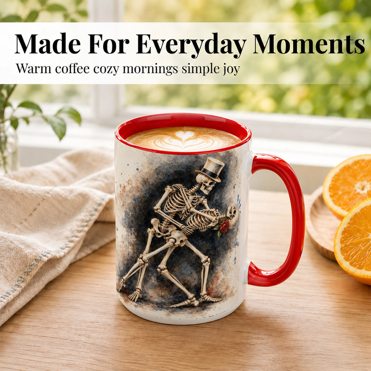 #pl[15oz|Red] Dancing Skeleton Coffee Mug, Gothic Romance Mug, Ceramic Cup