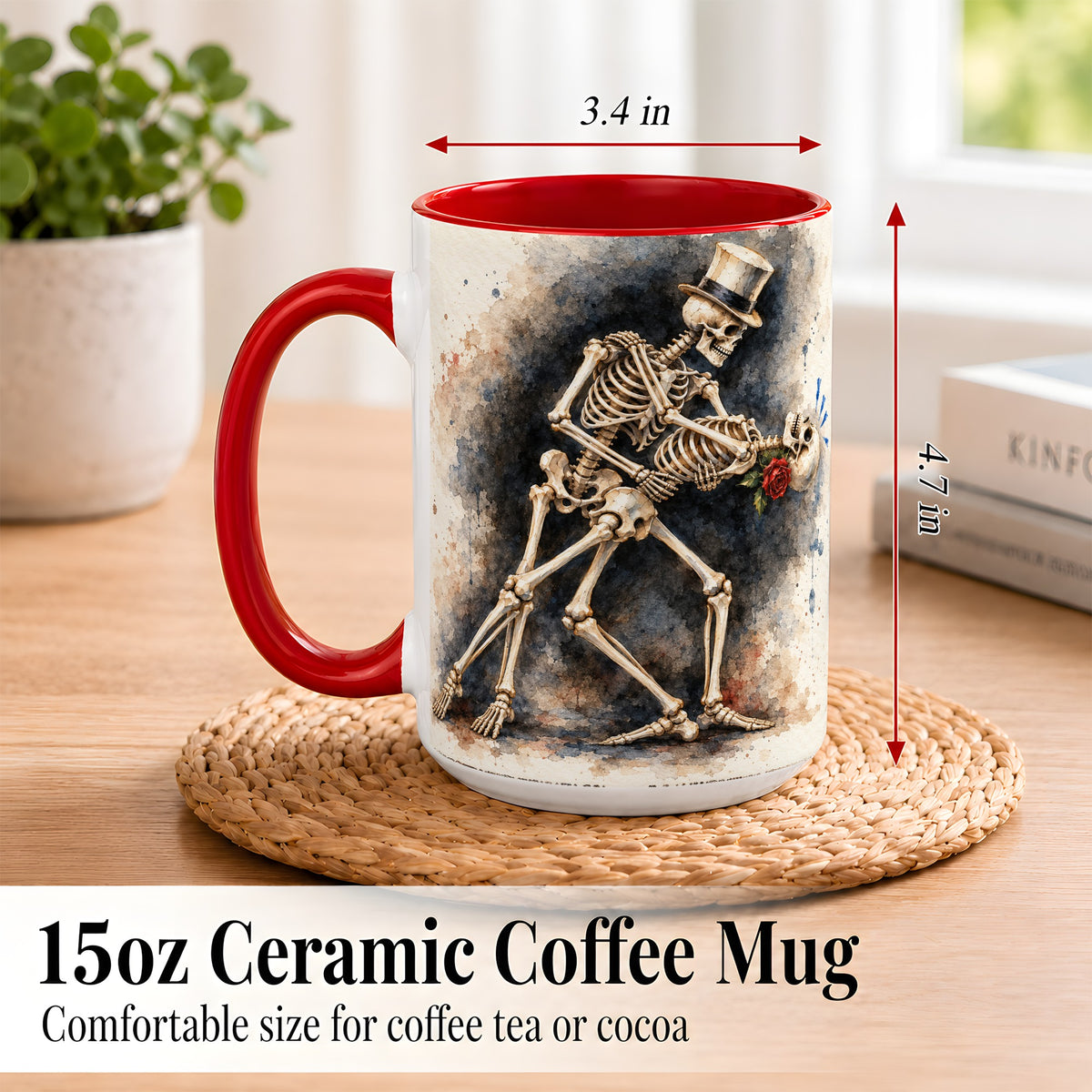 #pl[15oz|Red] Dancing Skeleton Coffee Mug, Gothic Romance Mug, Ceramic Cup