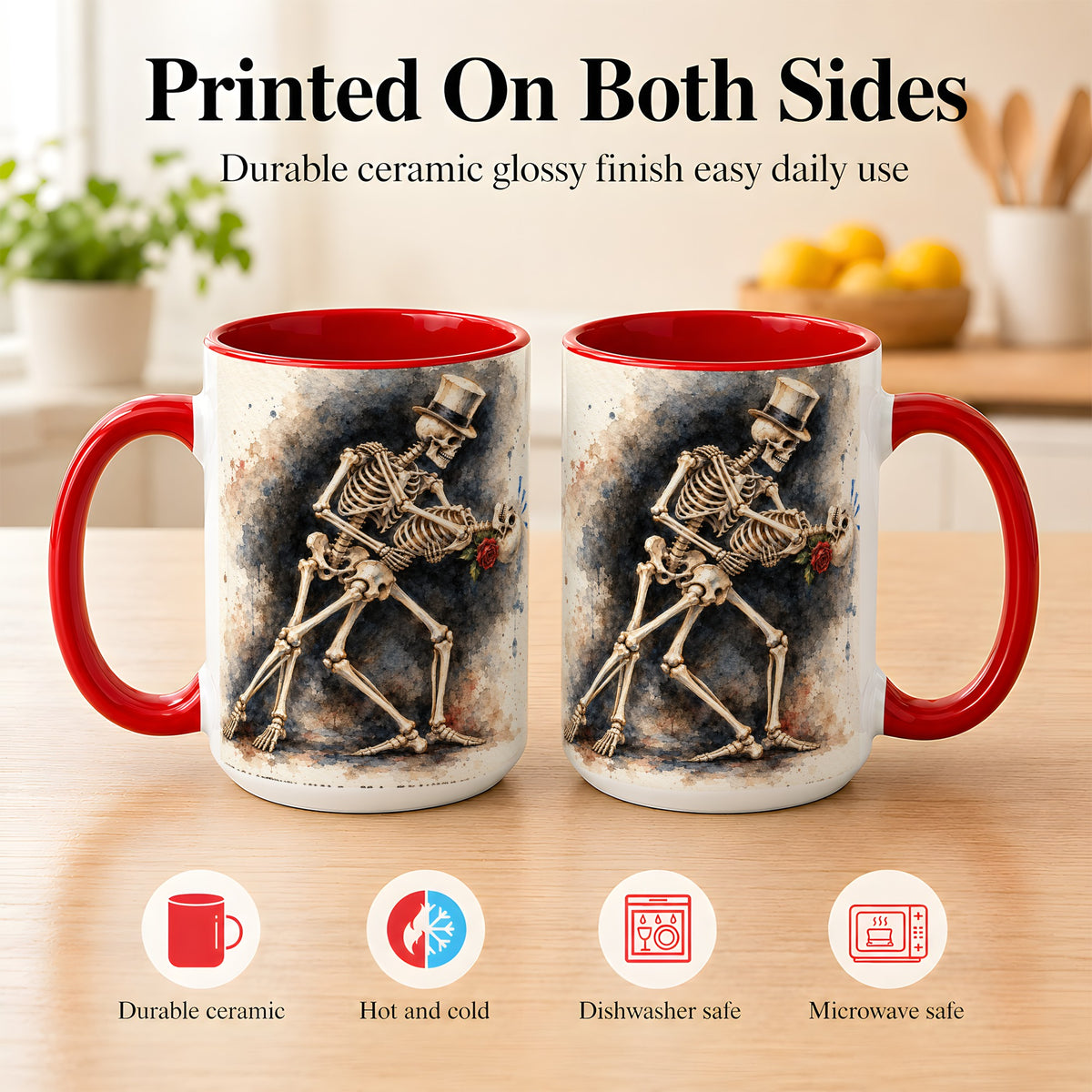#pl[15oz|Red] Dancing Skeleton Coffee Mug, Gothic Romance Mug, Ceramic Cup