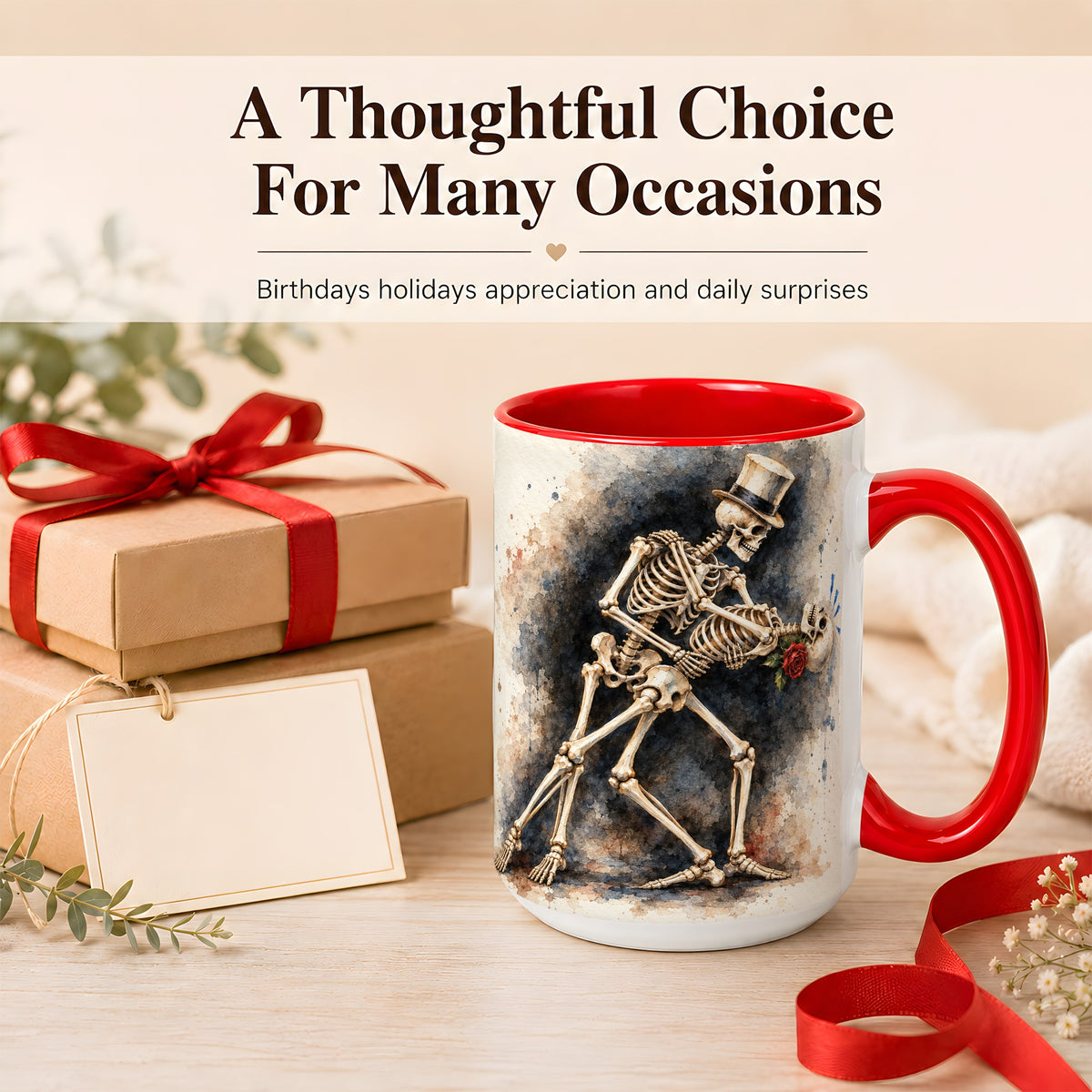 #pl[15oz|Red] Dancing Skeleton Coffee Mug, Gothic Romance Mug, Ceramic Cup