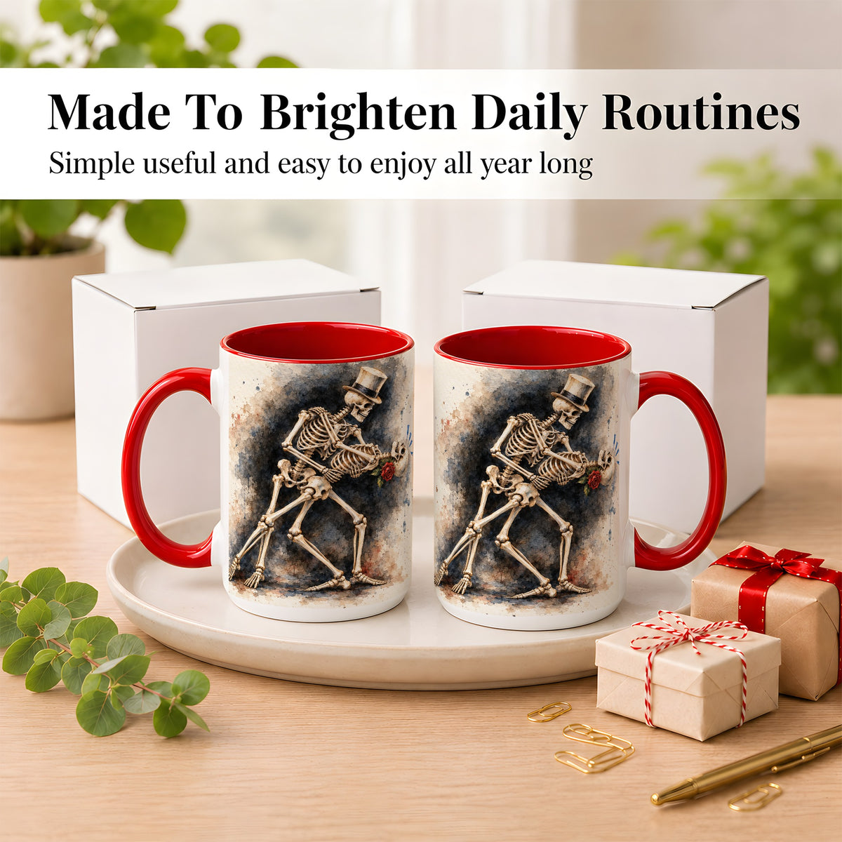 #pl[15oz|Red] Dancing Skeleton Coffee Mug, Gothic Romance Mug, Ceramic Cup