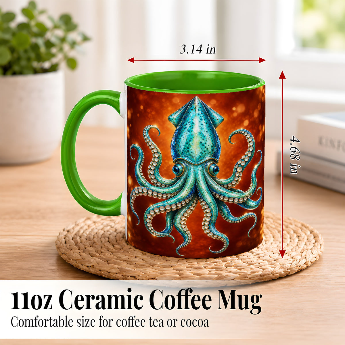 #pl[11oz|Green] Luminous Blue Squid Coffee Mug, Ocean Creature Mug, Ceramic Cup