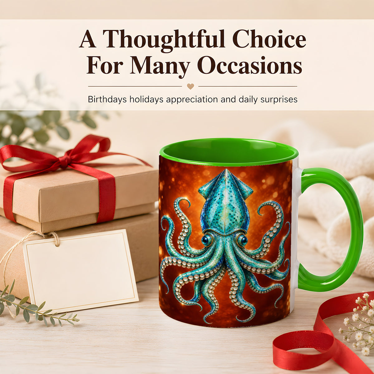 #pl[11oz|Green] Luminous Blue Squid Coffee Mug, Ocean Creature Mug, Ceramic Cup