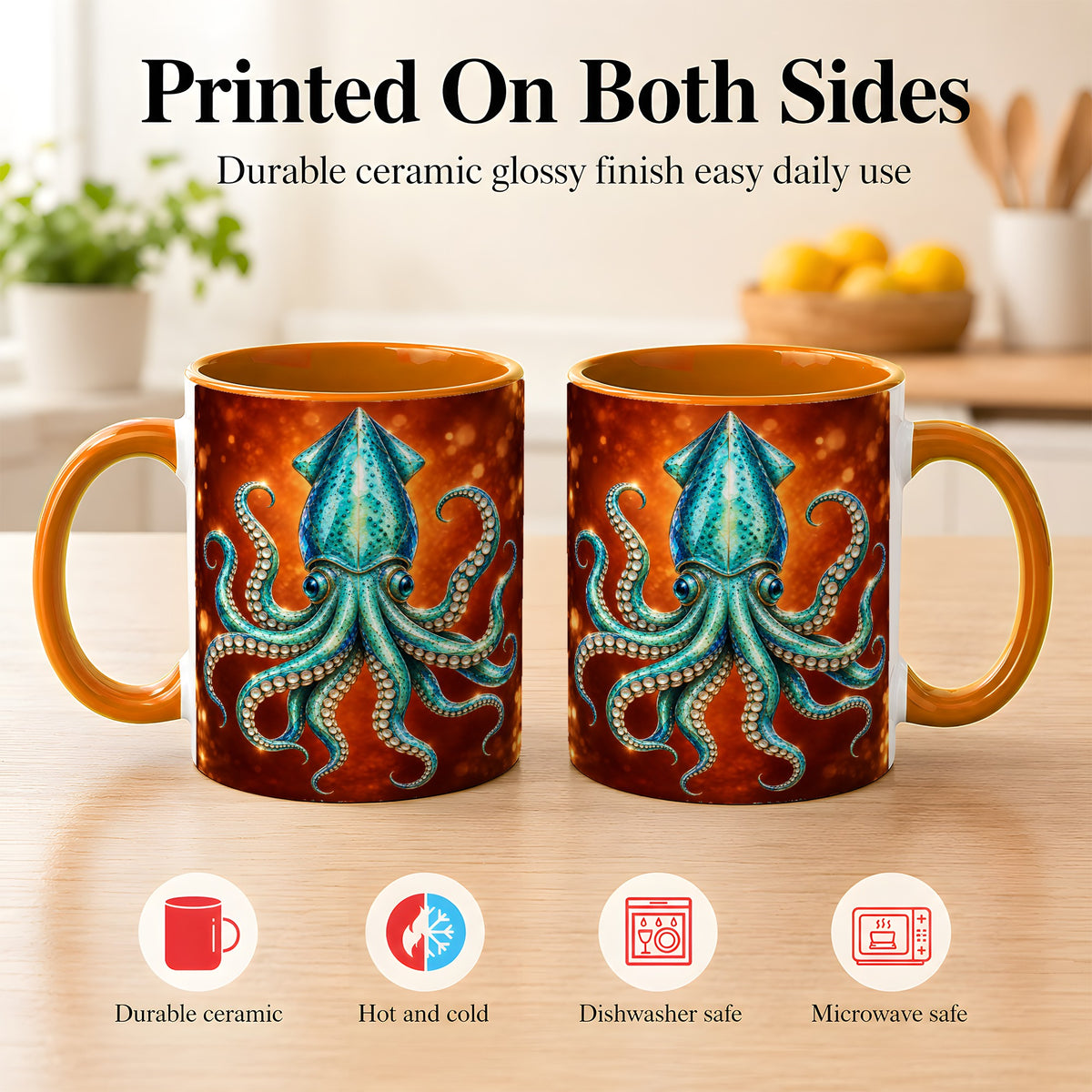 #pl[11oz|Orange] Luminous Blue Squid Coffee Mug, Ocean Creature Mug, Ceramic Cup