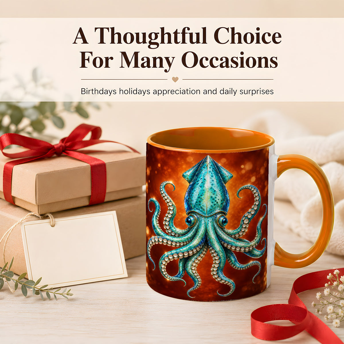 #pl[11oz|Orange] Luminous Blue Squid Coffee Mug, Ocean Creature Mug, Ceramic Cup
