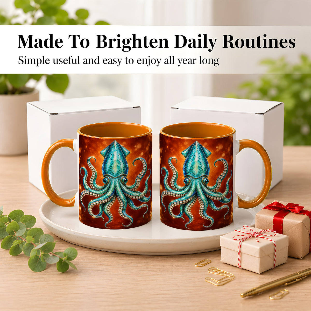 #pl[11oz|Orange] Luminous Blue Squid Coffee Mug, Ocean Creature Mug, Ceramic Cup