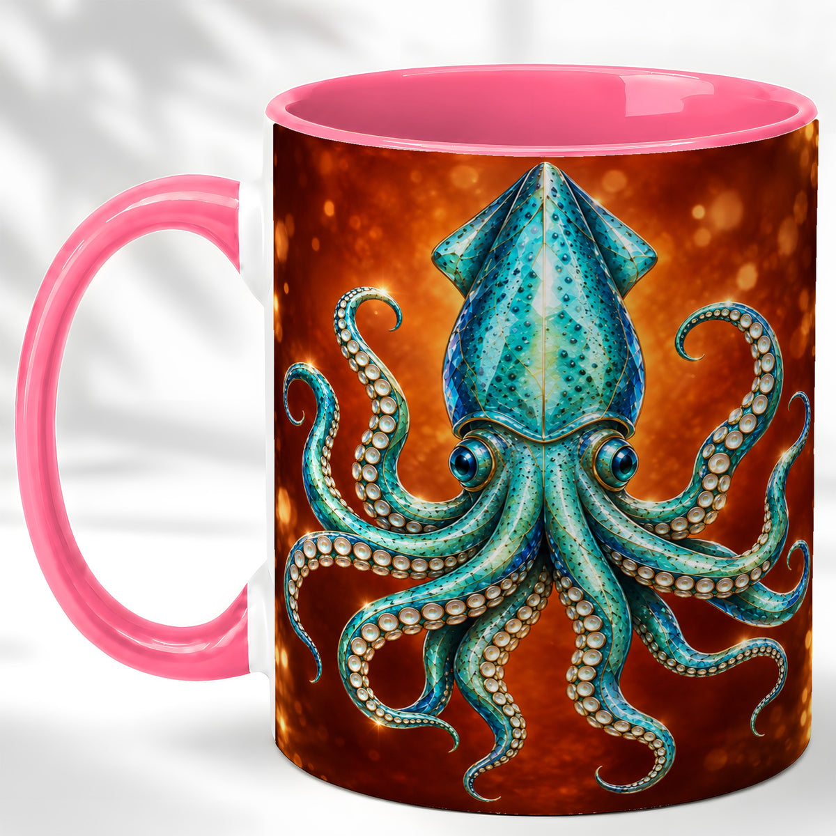 #pl[11oz|Pink] Luminous Blue Squid Coffee Mug, Ocean Creature Mug, Ceramic Cup